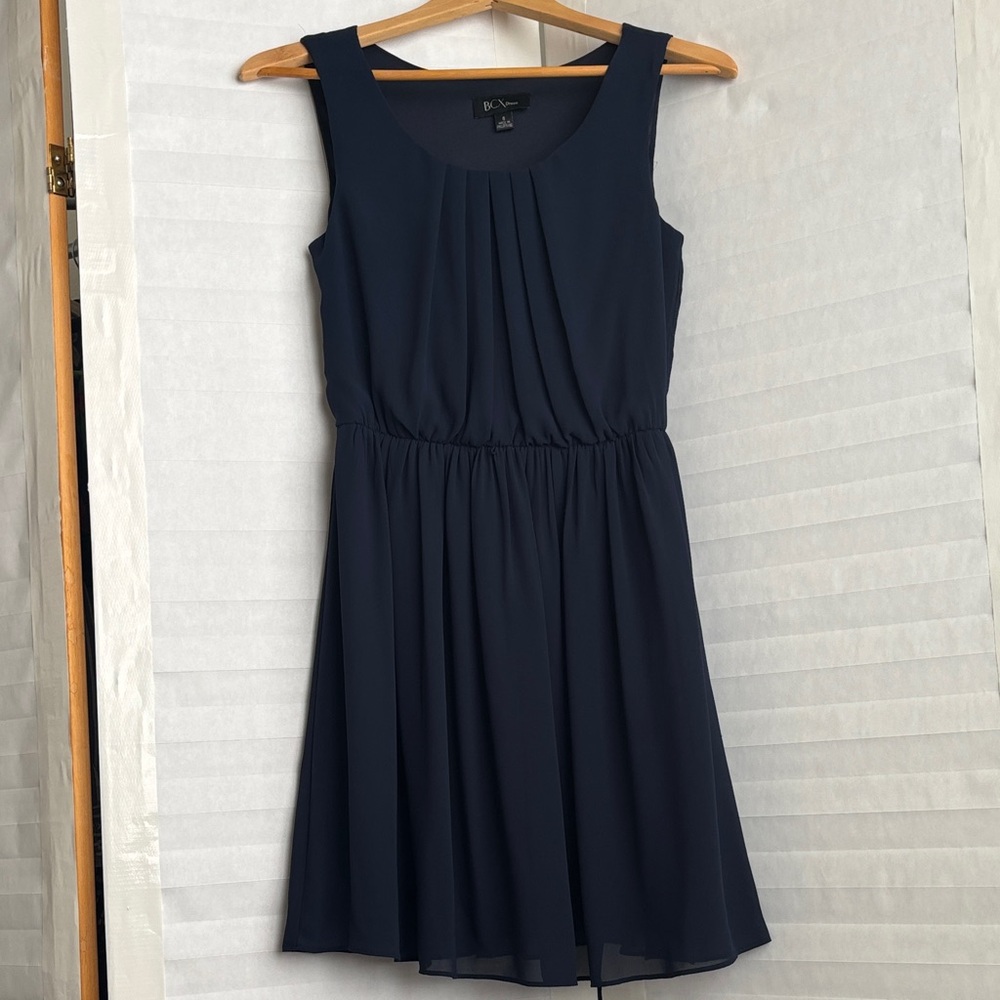 BCX Navy Sleeveless Pleated Waist Mini Dress